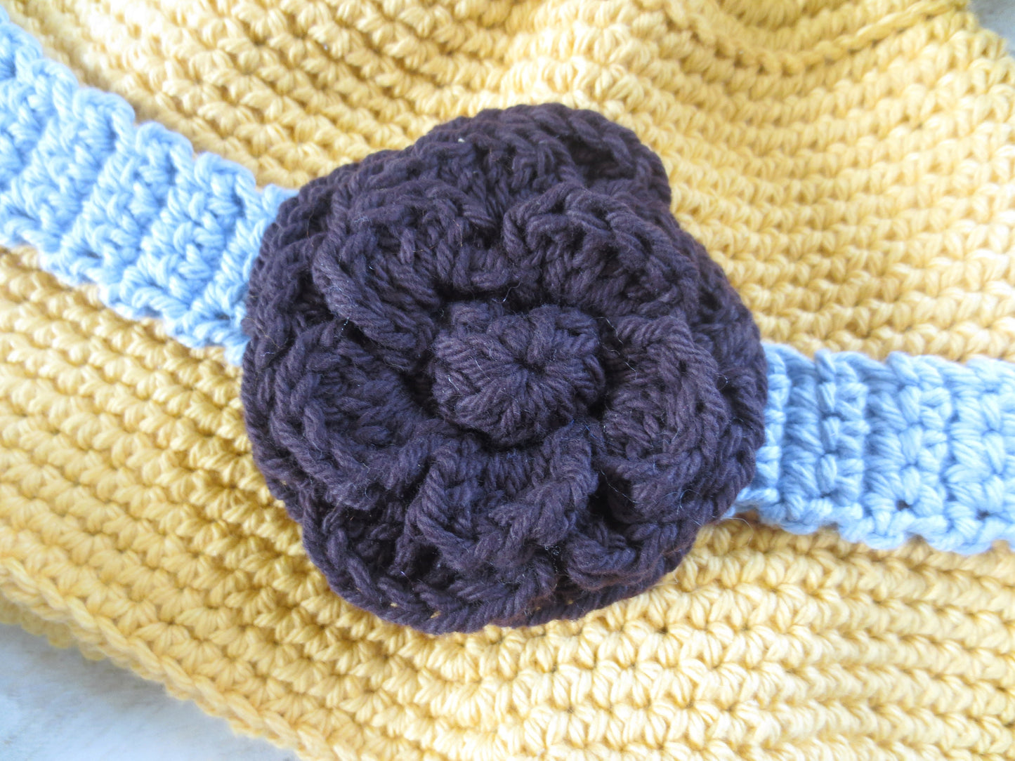 Women's Crochet Sun Hat, Fedora, with flower attachment, Ready to Ship