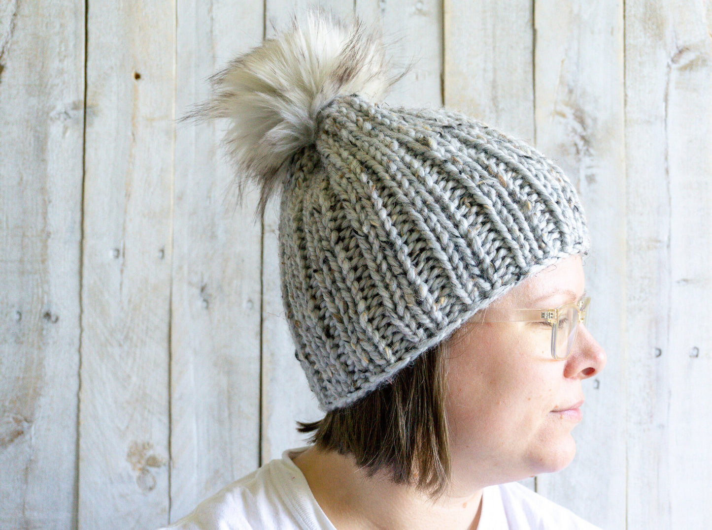Knit Slouchy Gray Speckled Beanie with Faux Fur Pom, Mens, Womens, Girls, Boys,