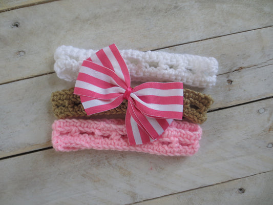 Set of 3 INFANT Crochet Addison Headbands with removable bow, Girl, Baby, Ready to Ship