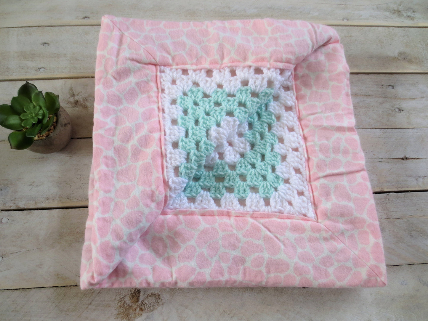 Crochet INFANT Girls Toddler Baby Blanket, Granny Square, Fabric Lined, Giraffe Print, Ready to Ship