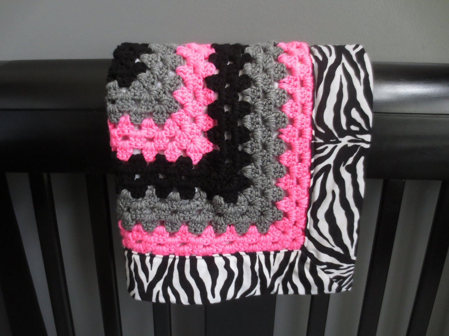 Crocheted Infant Girls Toddler Baby Blanket, Granny Square, Fabric Lined, Zebra Print, Baby Shower Gift, Girls Gift, Blanket for Baby Girl