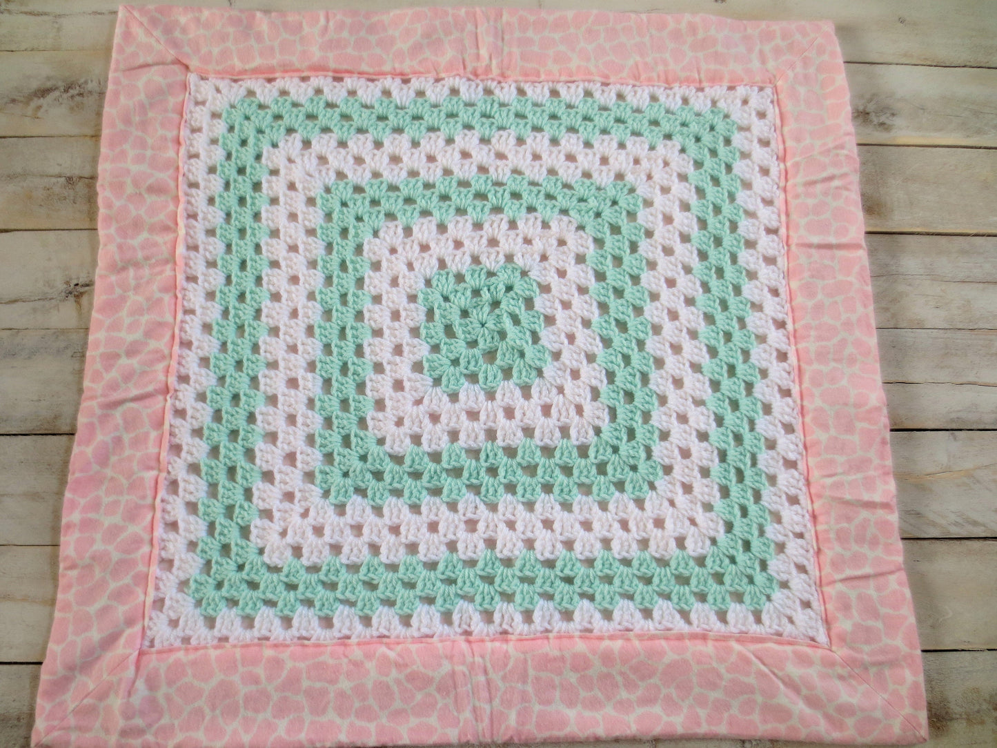 Crochet INFANT Girls Toddler Baby Blanket, Granny Square, Fabric Lined, Giraffe Print, Ready to Ship