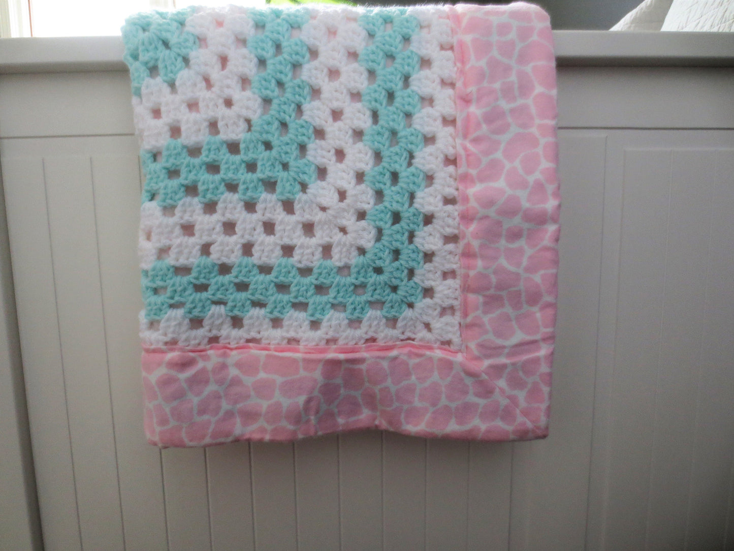 Crochet INFANT Girls Toddler Baby Blanket, Granny Square, Fabric Lined, Giraffe Print, Ready to Ship