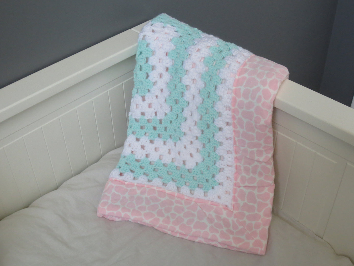 Crochet INFANT Girls Toddler Baby Blanket, Granny Square, Fabric Lined, Giraffe Print, Ready to Ship