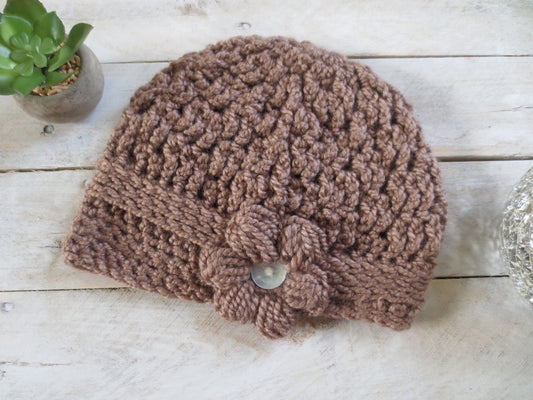 Women's Crochet Cloche with Braided Band & Flower Accent, Ready to Ship