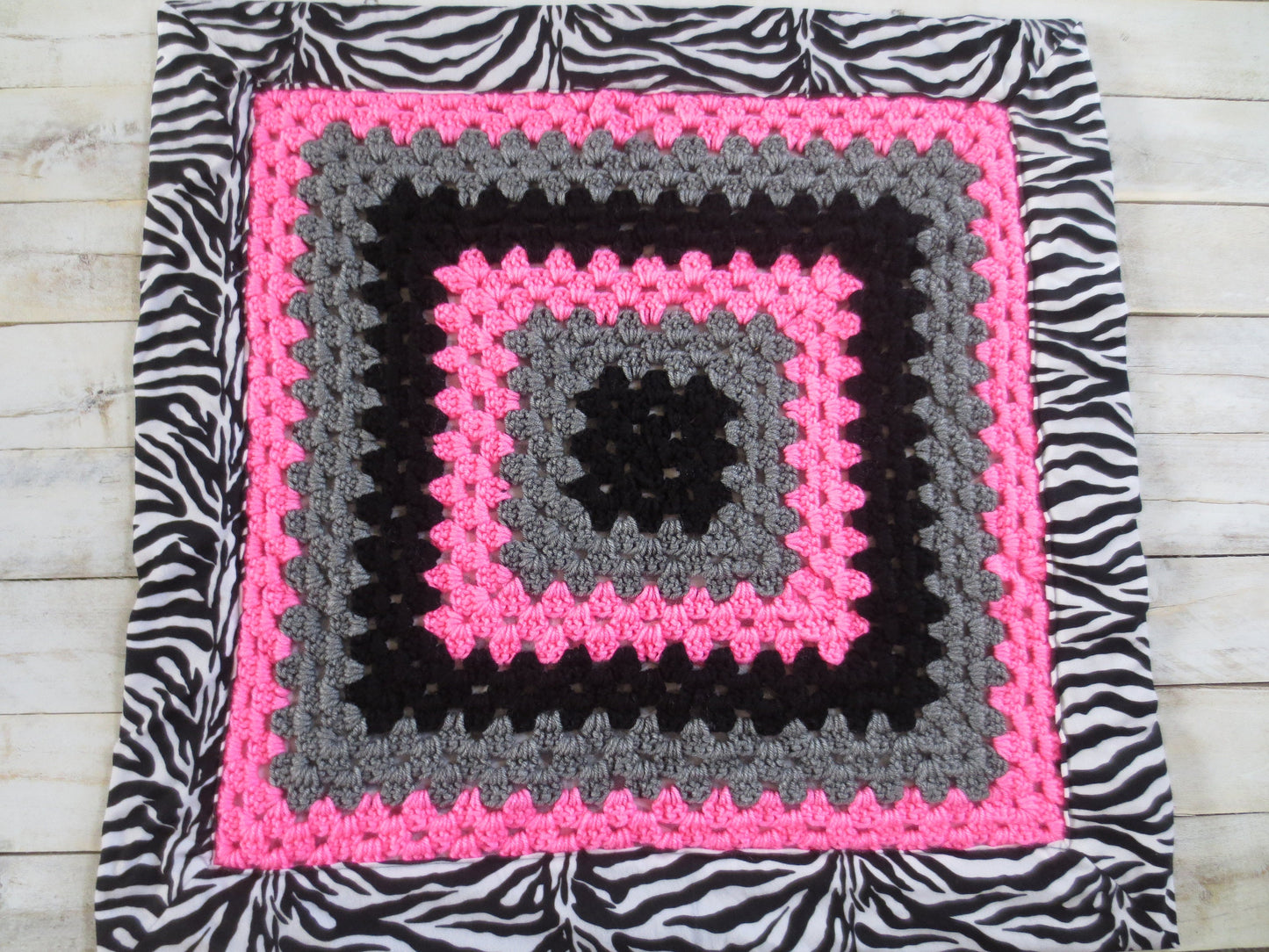 Crocheted Infant Girls Toddler Baby Blanket, Granny Square, Fabric Lined, Zebra Print, Baby Shower Gift, Girls Gift, Blanket for Baby Girl