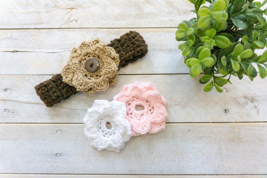 Crochet Headband with 3 removable flowers, Women, Girl, Ready to Ship