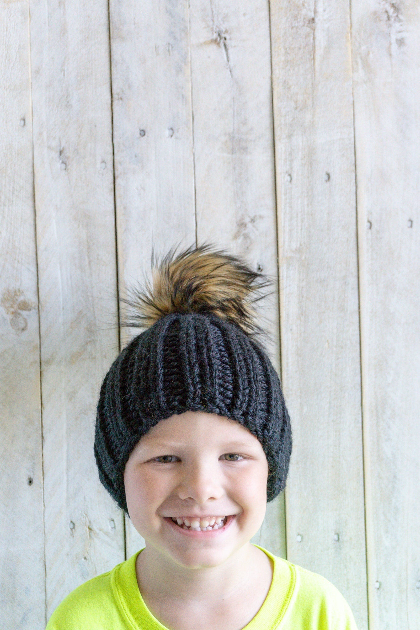 Knit Slouchy Black Beanie with Faux Fur Pom, Womens, Girls, Boys