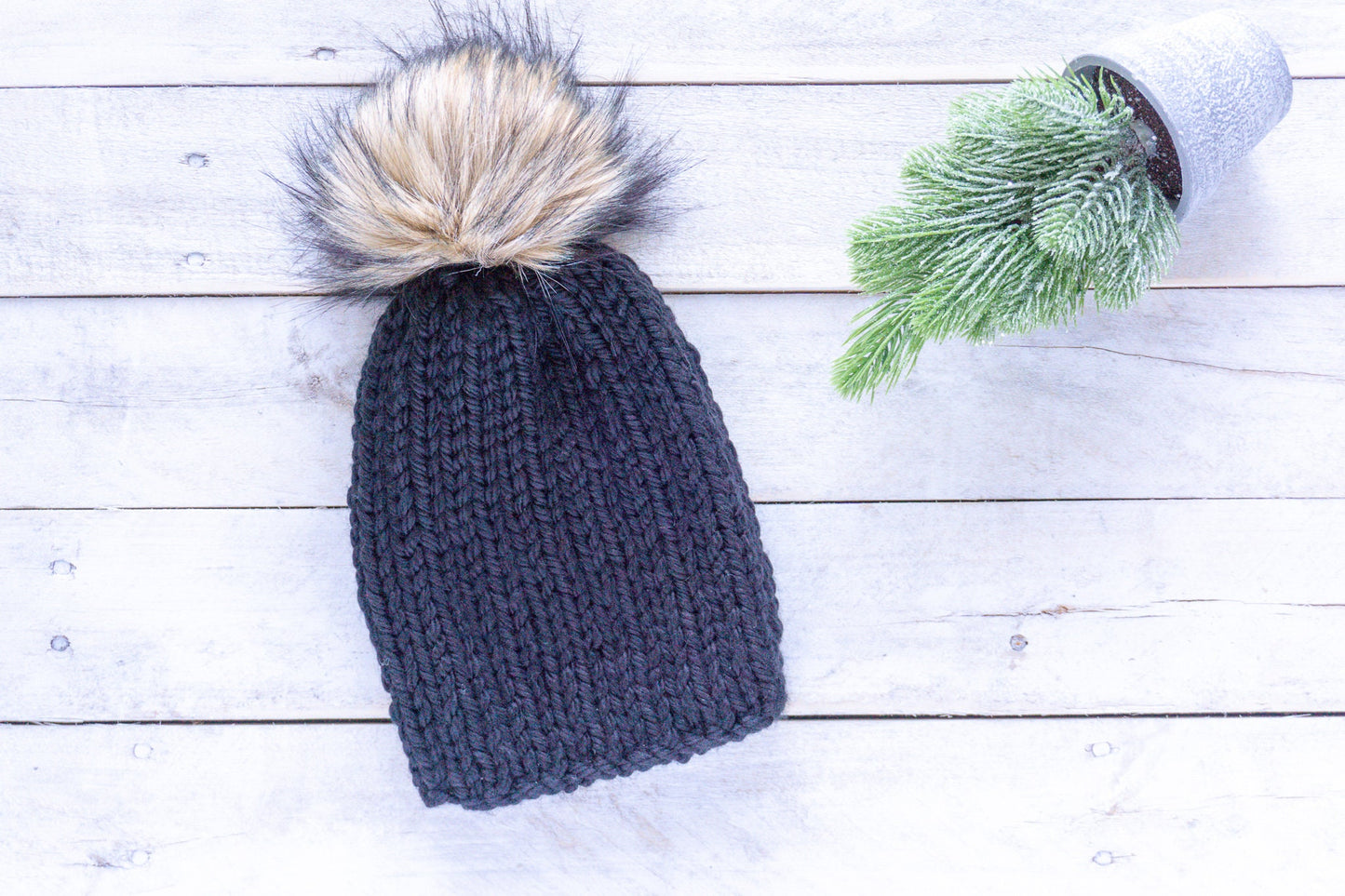 Knit Slouchy Black Beanie with Faux Fur Pom, Womens, Girls, Boys