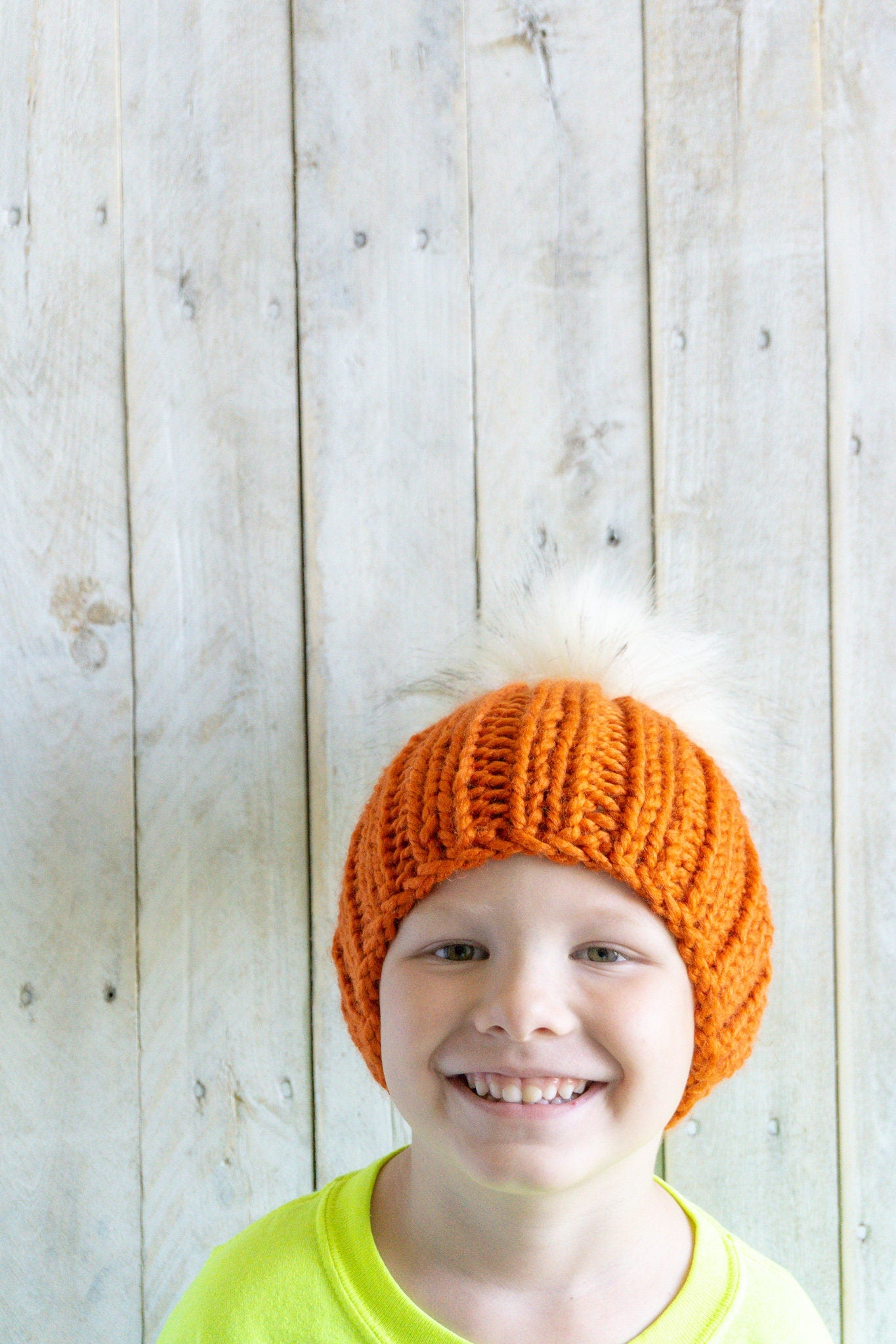 Knit Slouchy Pumpkin Orange Beanie with Faux Fur Pom, Womens, Girls, Boys