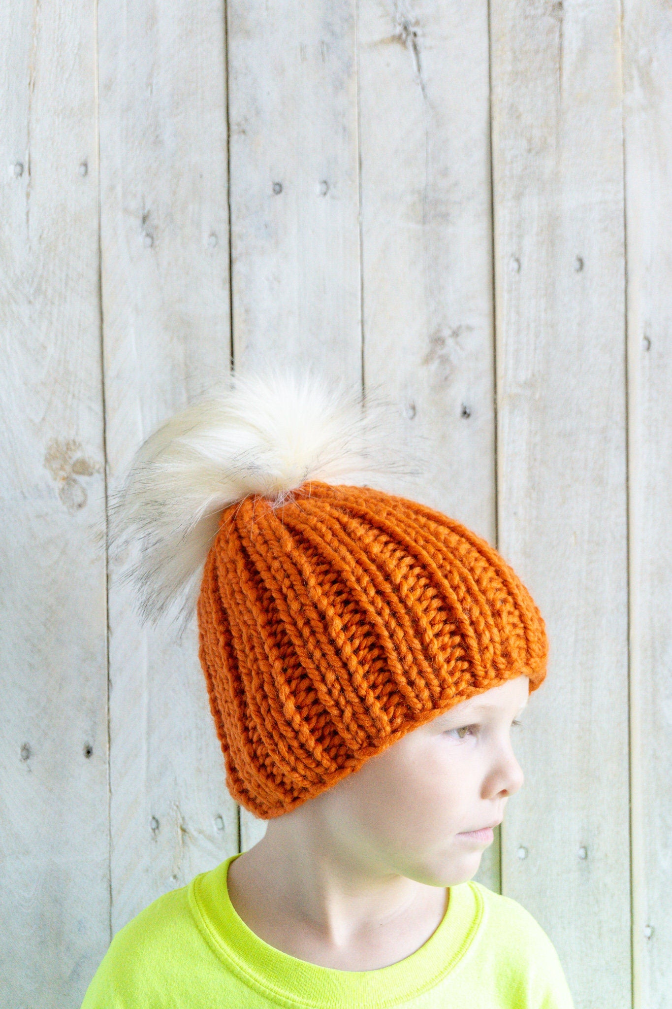 Knit Slouchy Pumpkin Orange Beanie with Faux Fur Pom, Womens, Girls, Boys