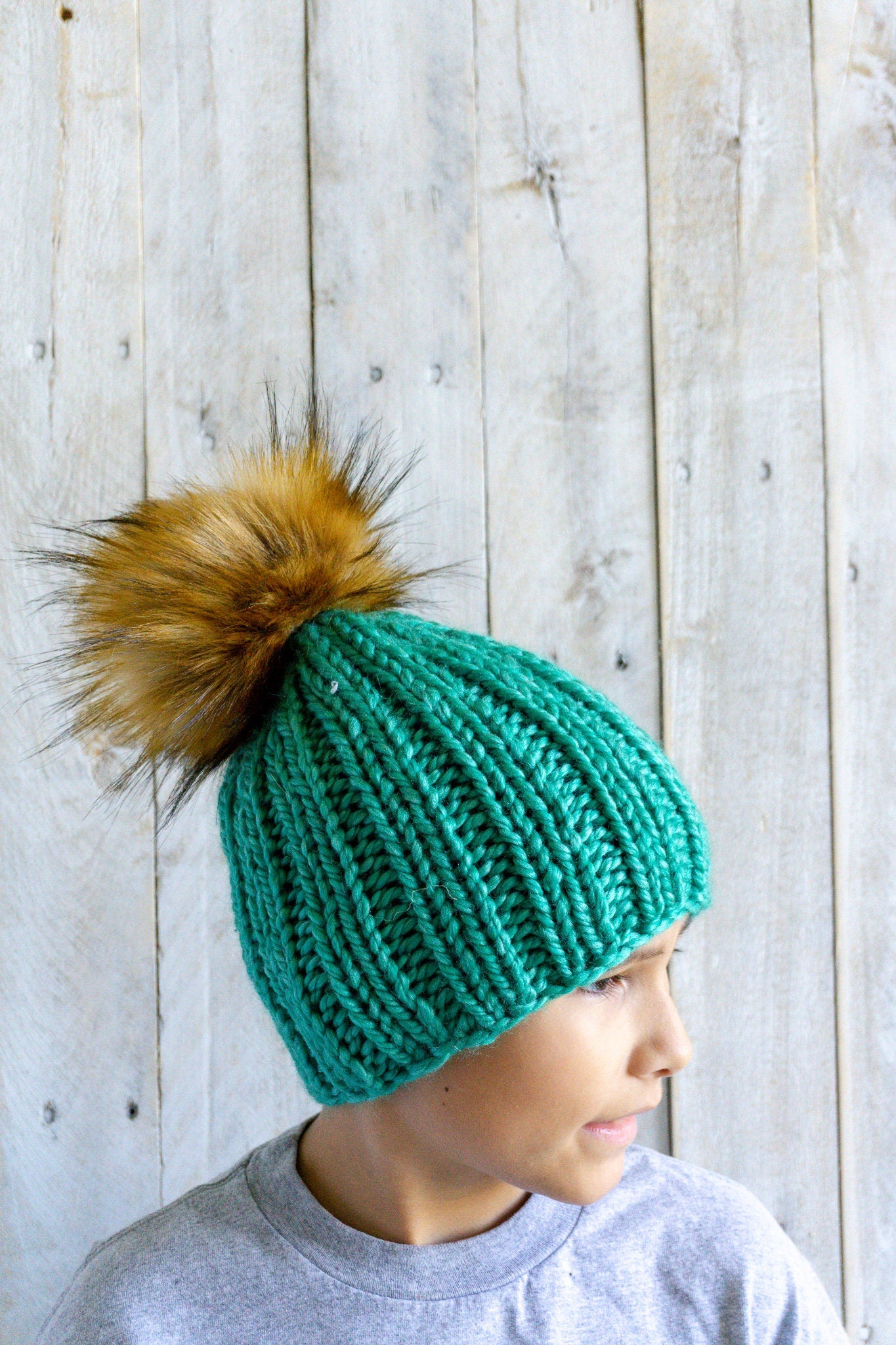 Knit Slouchy Teal Beanie with Faux Fur Pom, Womens, Girls, Boys