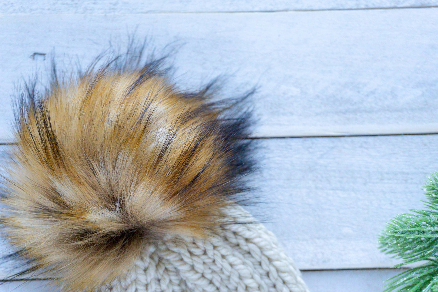 Knit Slouchy Beige Beanie with Faux Fur Pom, Womens, Girls, Boys