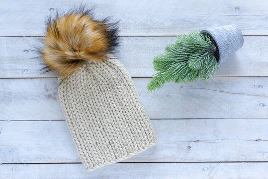 Knit Slouchy Beige Beanie with Faux Fur Pom, Womens, Girls, Boys