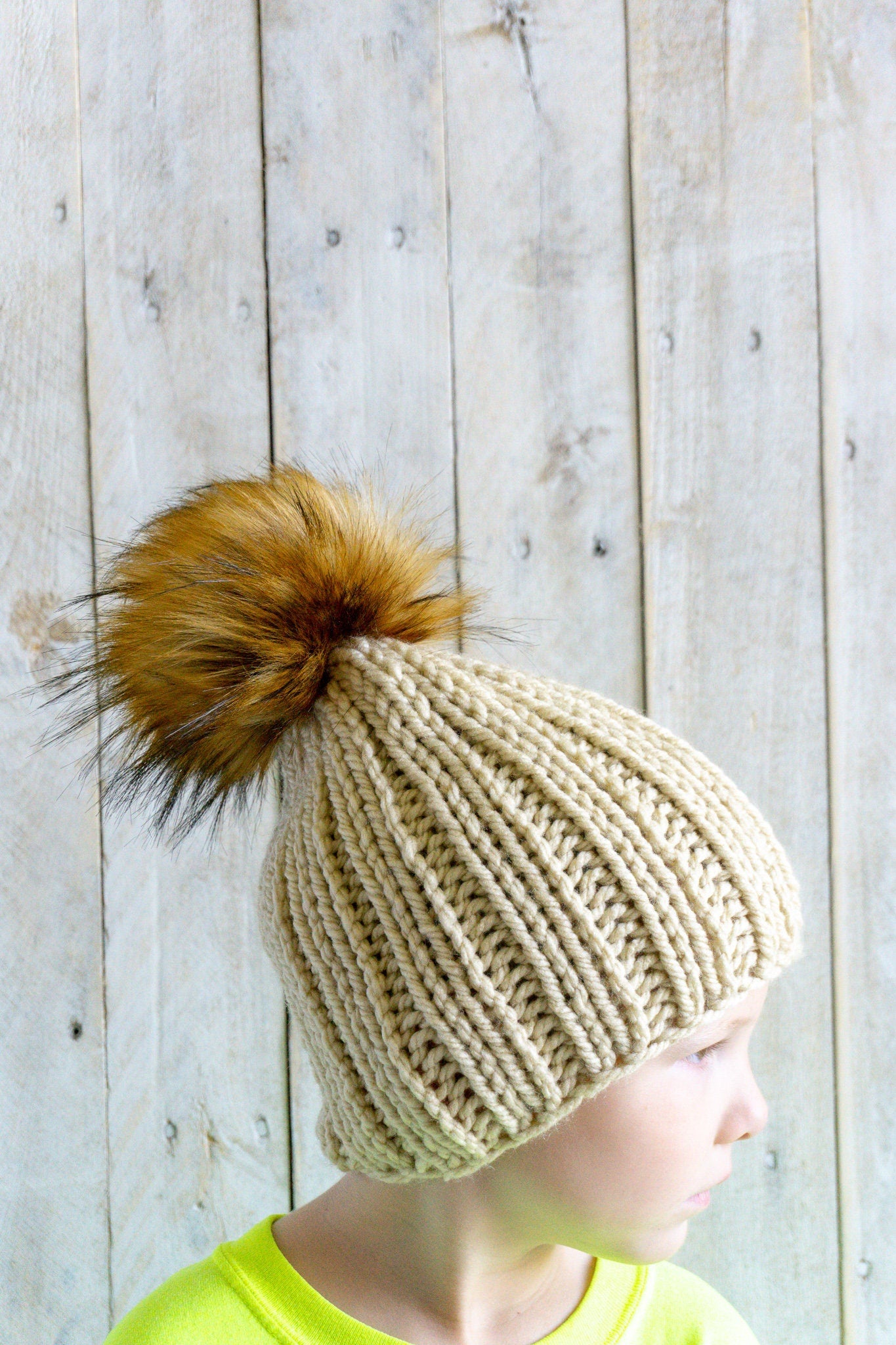 Knit Slouchy Beige Beanie with Faux Fur Pom, Womens, Girls, Boys