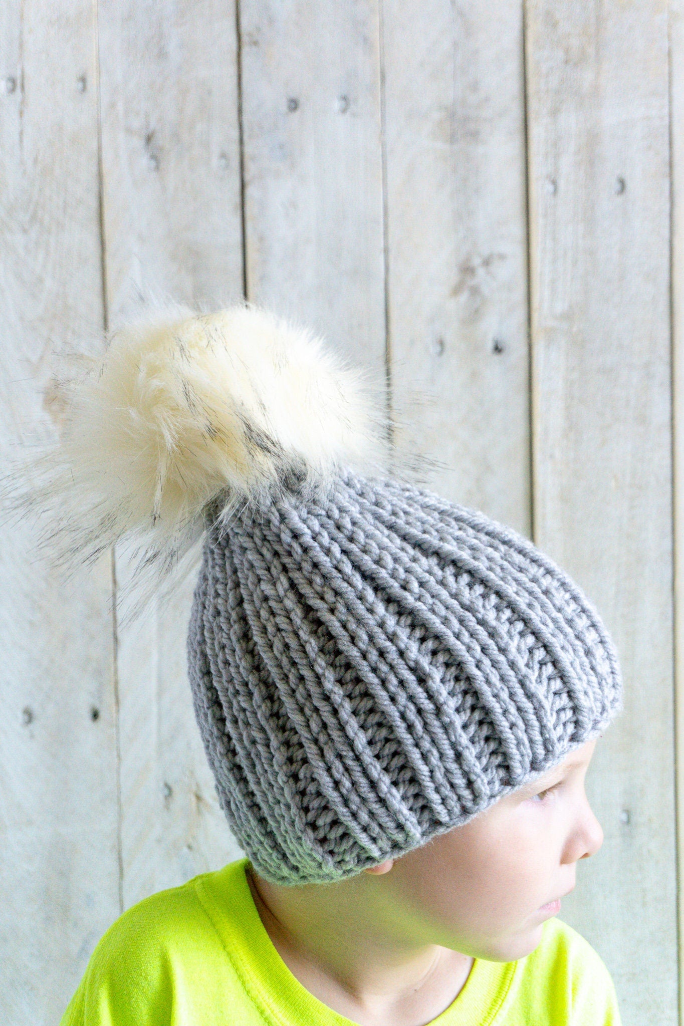 Knit Slouchy Gray Beanie with Faux Fur Pom, Womens, Girls, Boys