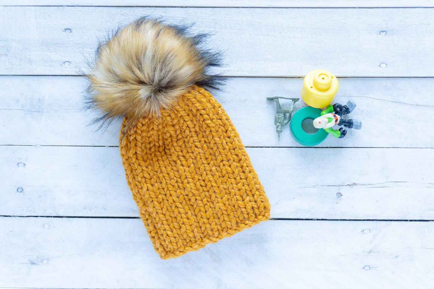 Knit Slouchy Butterscotch Beanie with Faux Fur Pom, Toddlers, Girls, Boys