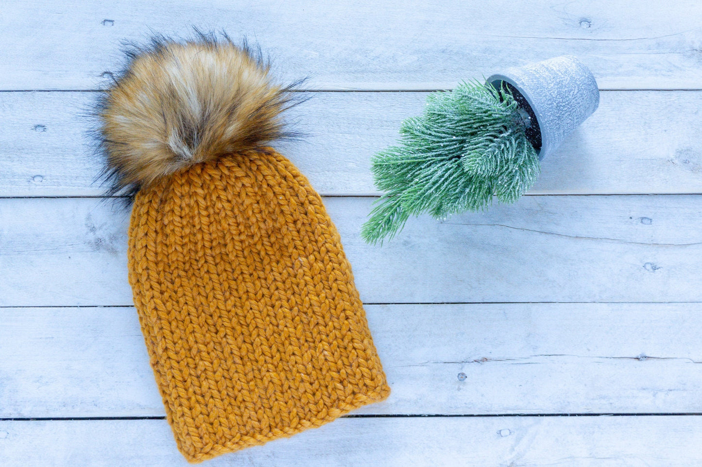 Knit Slouchy Butterscotch Beanie with Faux Fur Pom, Mens, Womens, Girls, Boys