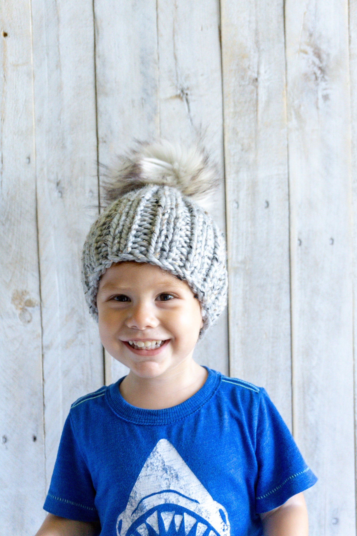 Newborn Slouchy Gray Speckled Beanie with Faux Fur Pom, Girls, Boys