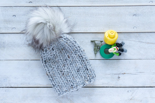 Knit Slouchy Gray Speckled Beanie with Faux Fur Pom, Toddlers, Girls, Boys