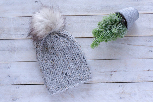 Knit Slouchy Gray Speckled Beanie with Faux Fur Pom, Mens, Womens, Girls, Boys,