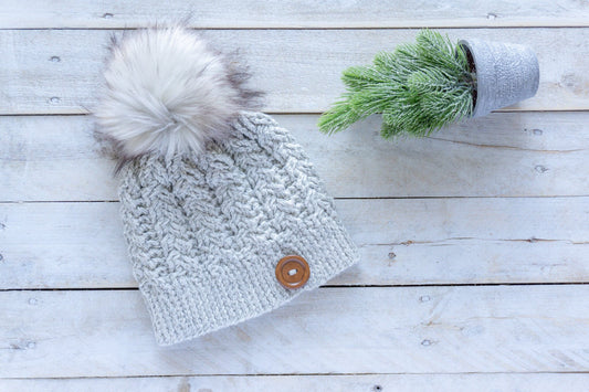 Crochet Cable Beanie with Faux Fur Pom, Womens, Girls