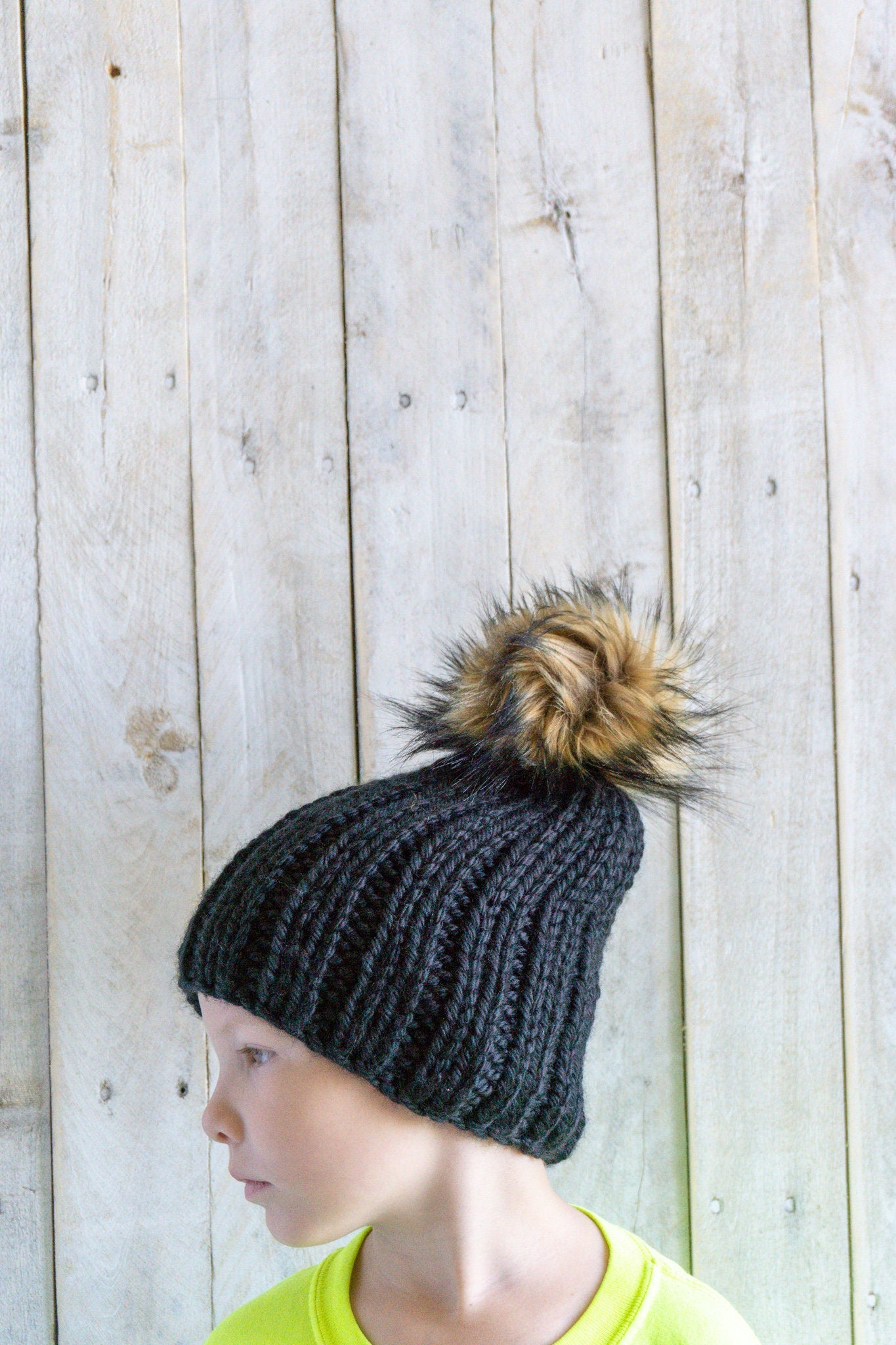 Knit Slouchy Black Beanie with Faux Fur Pom, Womens, Girls, Boys