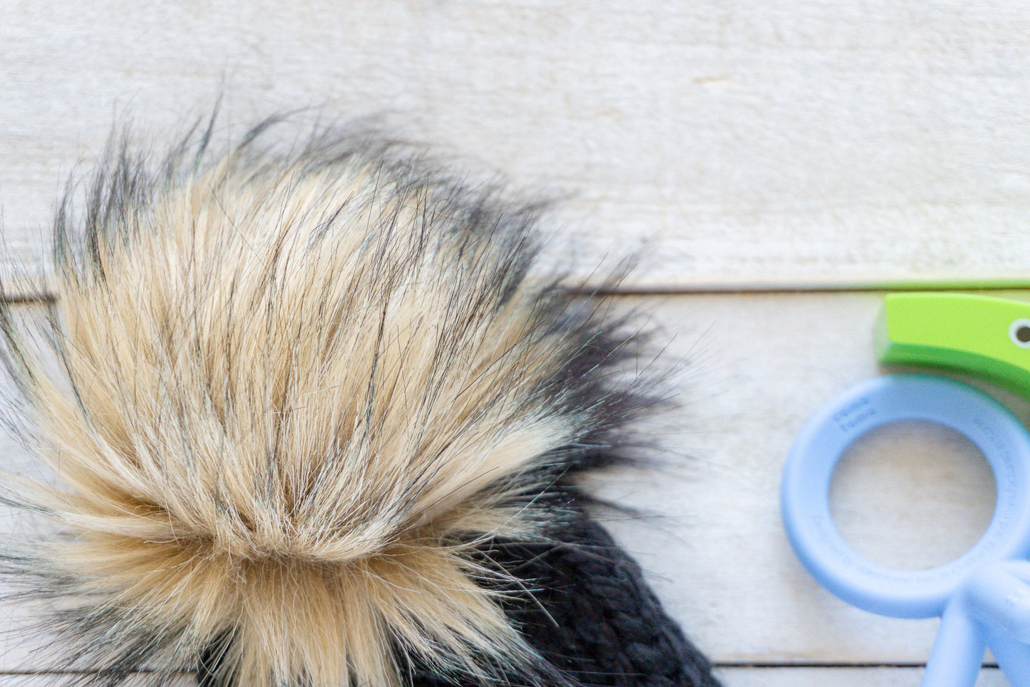 Newborn Slouchy Black Beanie with Faux Fur Pom, Girls, Boys