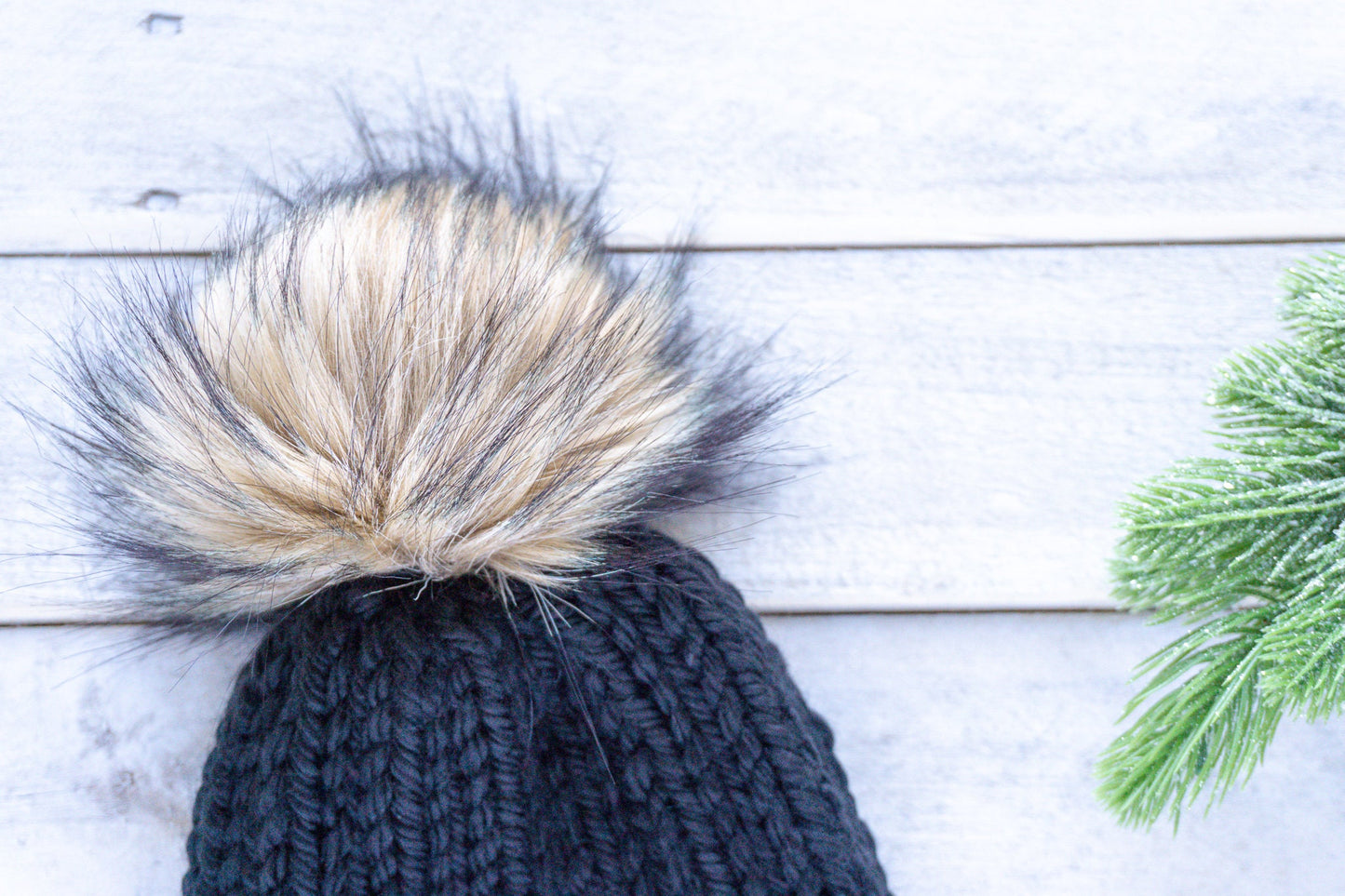 Knit Slouchy Black Beanie with Faux Fur Pom, Womens, Girls, Boys