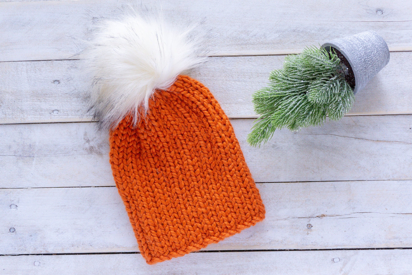 Knit Slouchy Pumpkin Orange Beanie with Faux Fur Pom, Womens, Girls, Boys