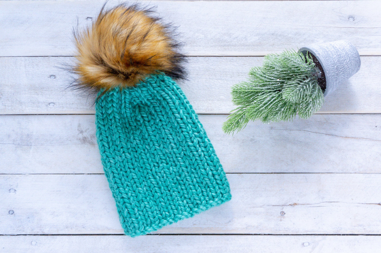 Knit Slouchy Teal Beanie with Faux Fur Pom, Womens, Girls, Boys