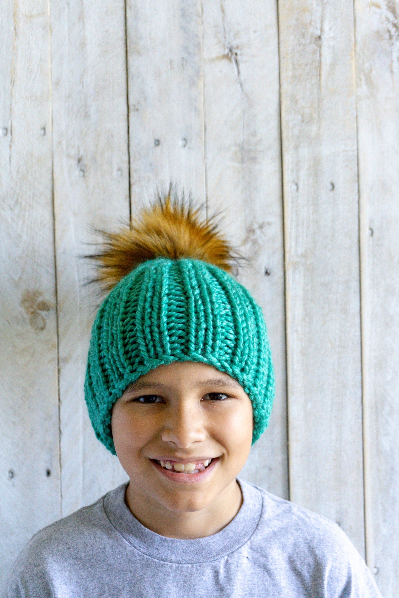 Knit Slouchy Teal Beanie with Faux Fur Pom, Womens, Girls, Boys