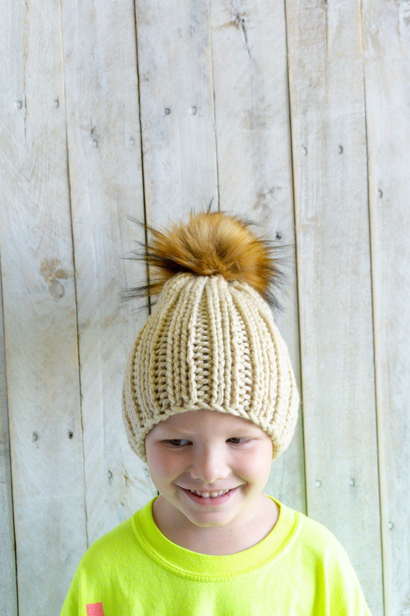 Knit Slouchy Beige Beanie with Faux Fur Pom, Womens, Girls, Boys