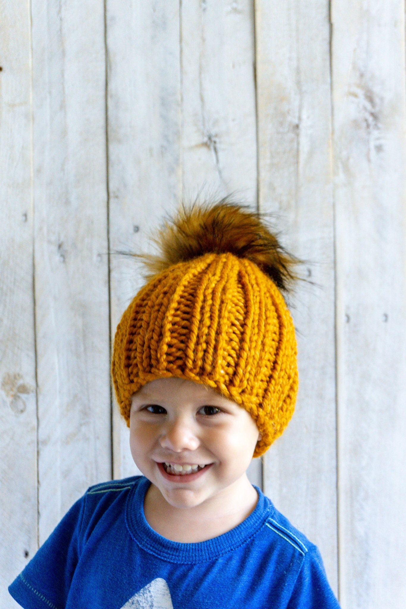 Knit Slouchy Butterscotch Beanie with Faux Fur Pom, Toddlers, Girls, Boys