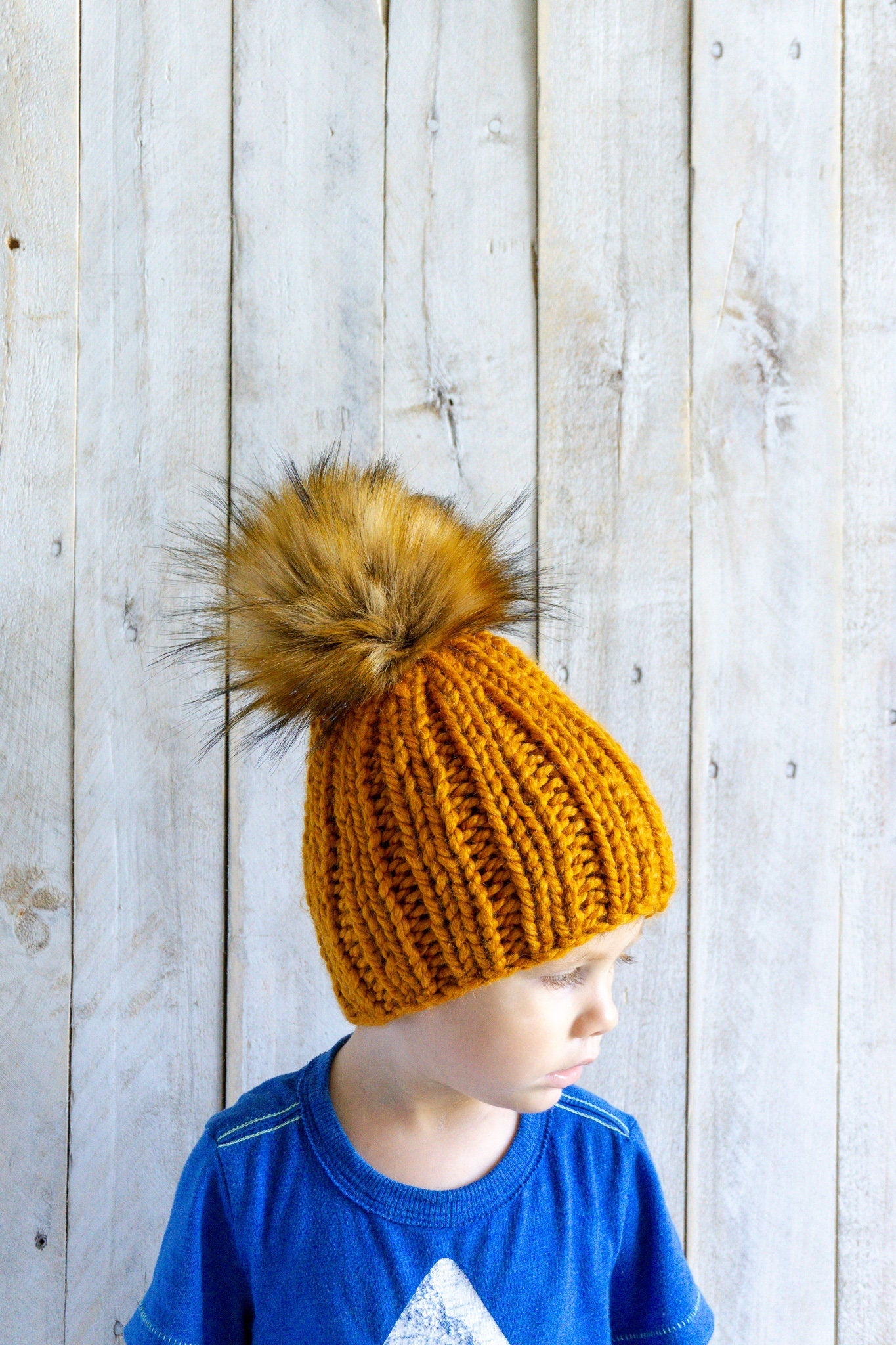 Knit Slouchy Butterscotch Beanie with Faux Fur Pom, Toddlers, Girls, Boys