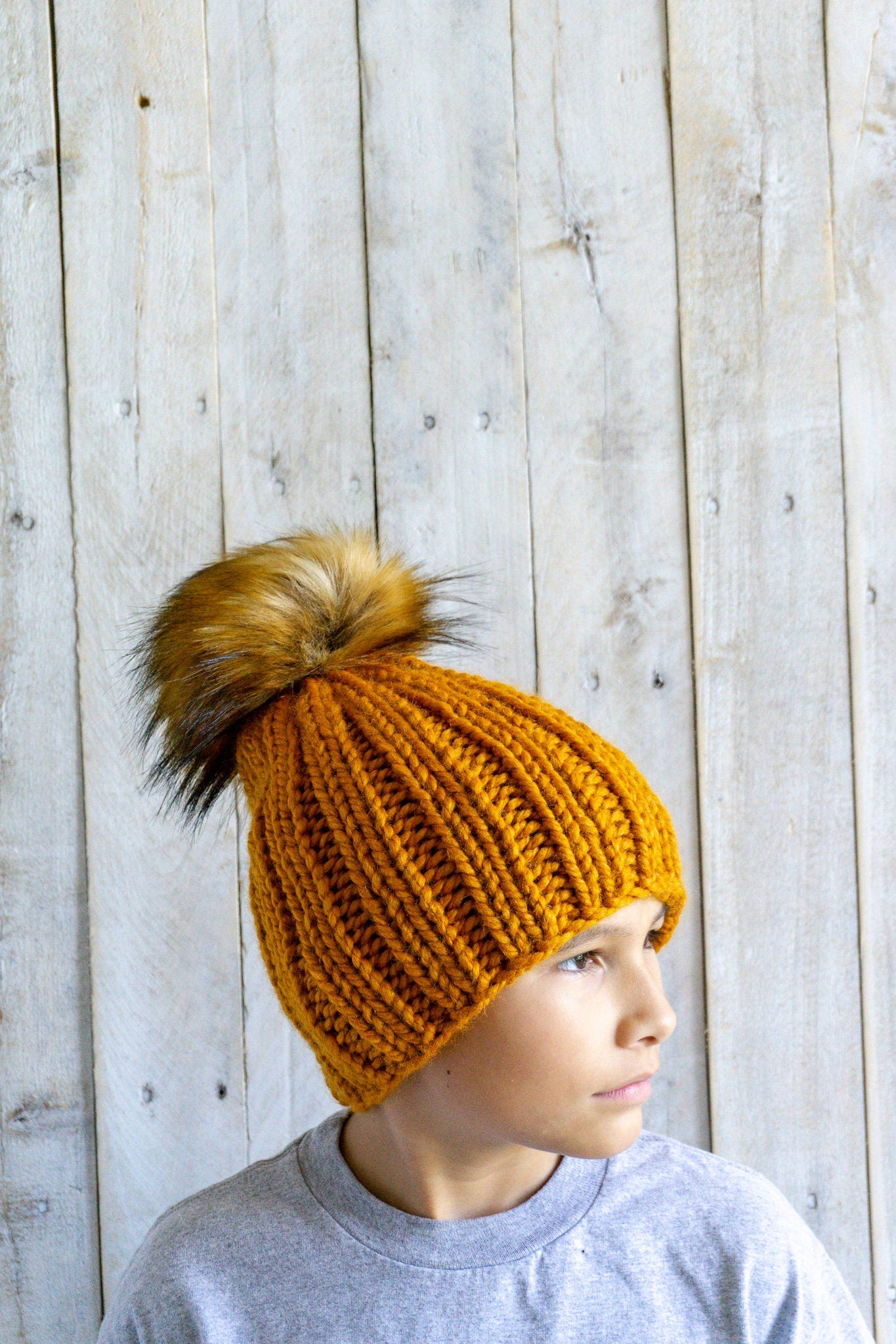 Knit Slouchy Butterscotch Beanie with Faux Fur Pom, Mens, Womens, Girls, Boys