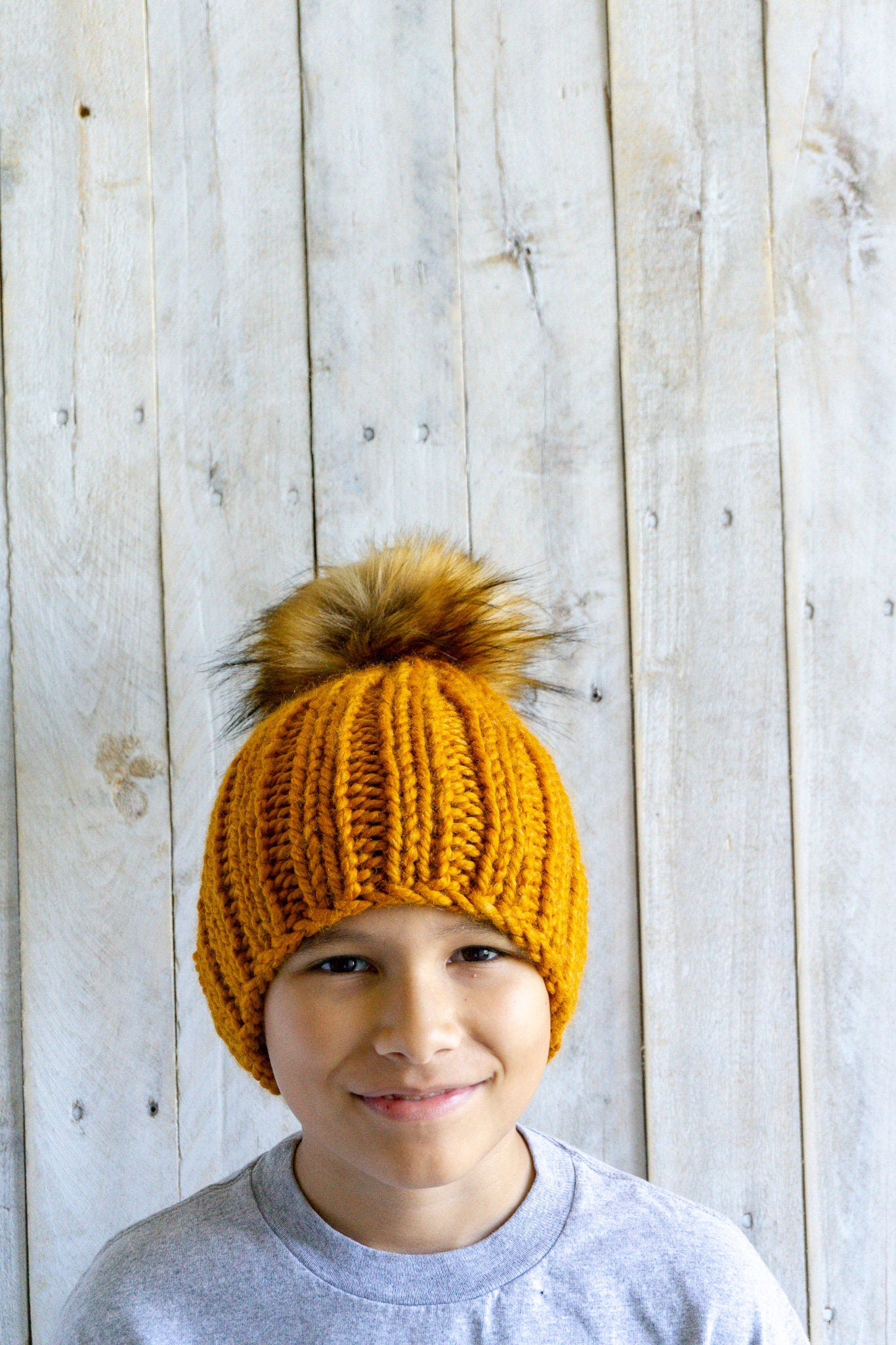 Knit Slouchy Butterscotch Beanie with Faux Fur Pom, Mens, Womens, Girls, Boys