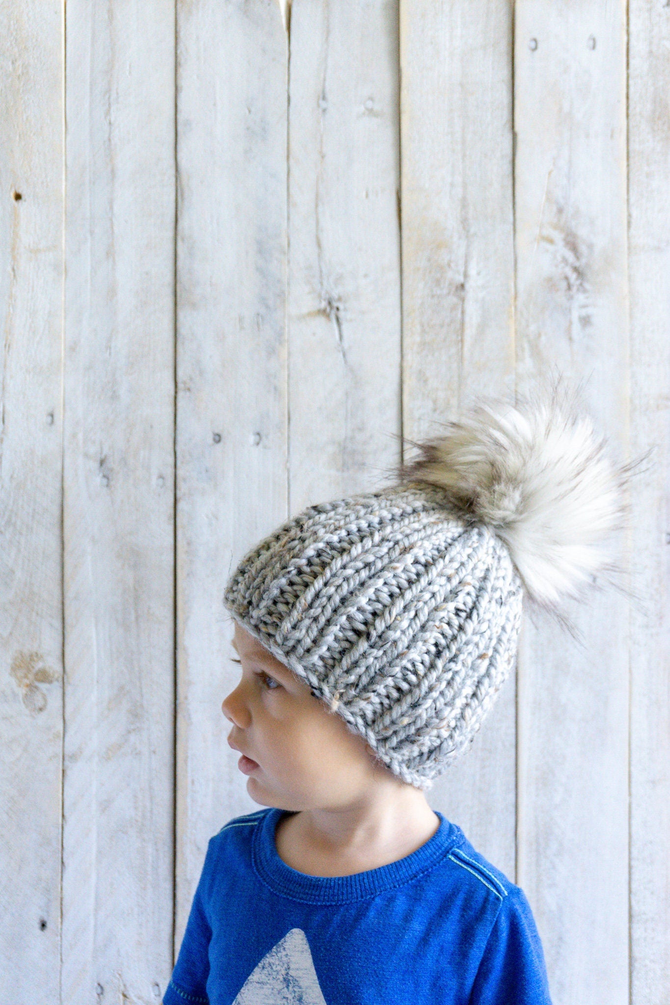 Knit Slouchy Gray Speckled Beanie with Faux Fur Pom, Toddlers, Girls, Boys