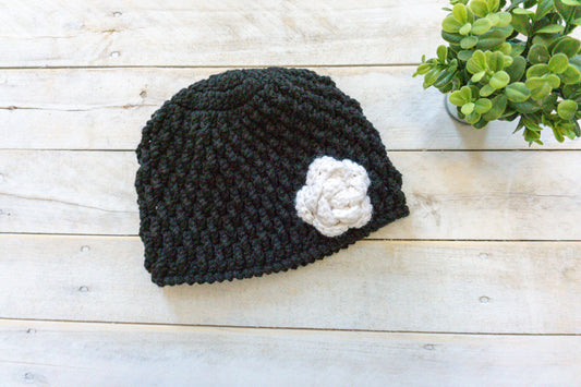 Crochet Deeply Textured Hat with Flower, Womens, Girls